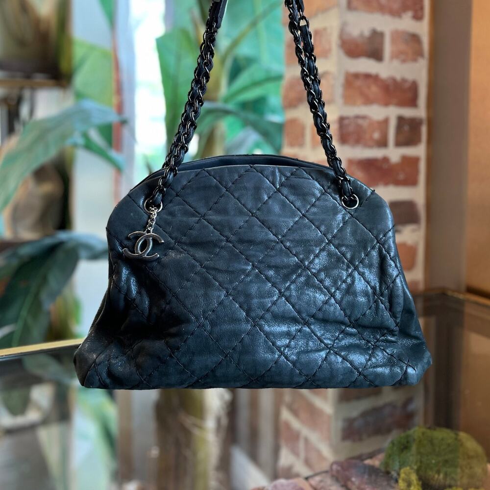 CHANEL Just Mademoiselle Large Black Iridescent Quilted Leather Tote Bag